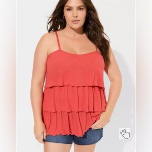 Torrid Heritage Slub Square Neck Tiered coral red ruffle Cami Tank Top NWT